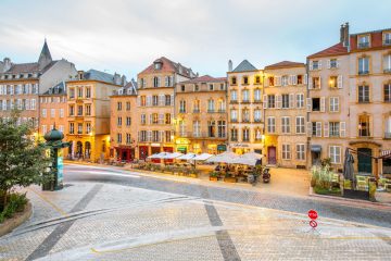 Night street view in Metz city, France Street view on the beautiful old residential buildings in the center of Metz old town during the twilight in France